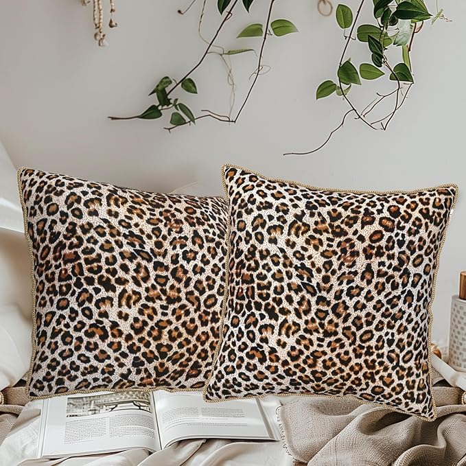 KSLIDS Leopard Print Faux Fur Soft Velvet Throw Pillow Covers Set of 2 Brown Black Cheetah Decorative Pillow Covers 20x20 Inch Animal Pillow Case for Sofa Couch Bedroom Farmhouse Home Decor