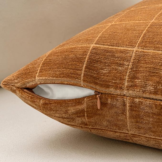 MIULEE Bronze Plaid Decorative Fall Throw Pillow Covers 20x20 Set of 2 | Vintage Check Chenille Couch Pillows Boho Farmhouse Cushion Covers Modern Fall Home Decor for Sofa Bed Living Room