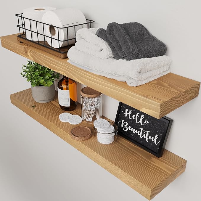 Natural Wood Floating Shelves for Wall 30 Inches Long, Oak Wooden Shelf | Solid Wood, Wall Mounted, Large Bathroom Shelves for Room Wall, Kitchen Bedroom Farmhouse, Oak Finish, 30W × 6.7D, Set of 2