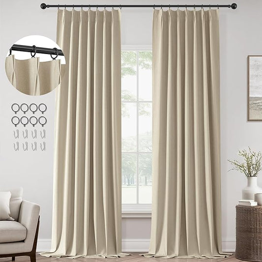 100% Blackout Thermal Curtains Elegant Pleated Curtains 102 Inches Long for Bedroom Flax Linen Heat Reducing Back Tab Pinch Pleat Window Treatments Drapes with Hook for Track Light Taupe 40"W x 102"L