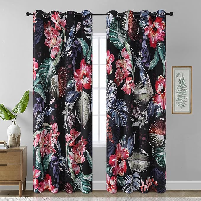Estelar Textiler Vintage Boho Floral Patterned Blackout Curtains 90 Inches Long,Grommet Thermal Insulated Drape for Living Room Bedroom Decor Window Treatment Curtains 2 Panel,52x90 Inch