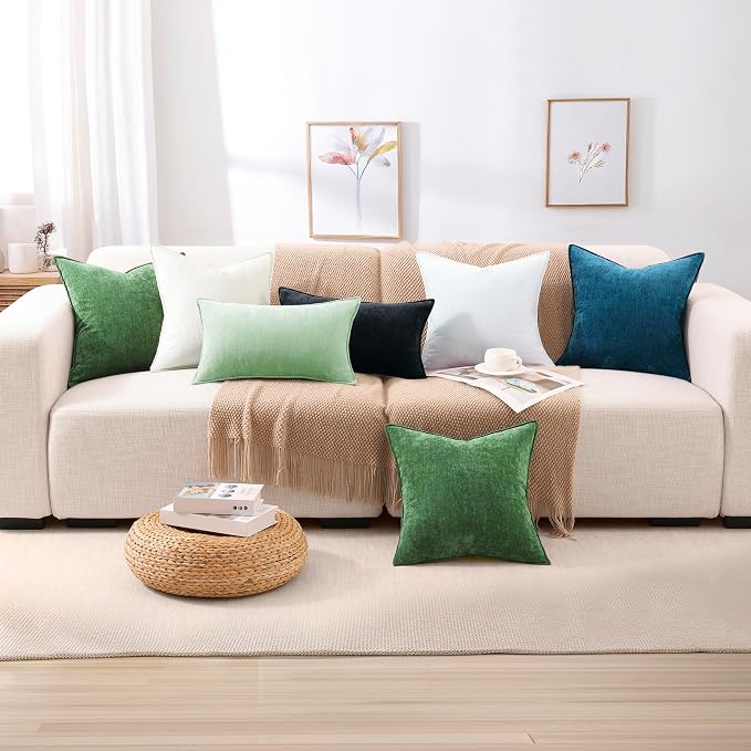 decorUhome Fall Couch Throw Pillow Covers 20x20 Set of 2, Decorative Soft Velvet Modern Cozy Chenille Pillow Cases with Elegant Design for Sofa Bed Living Room Home Decor, Sage Green