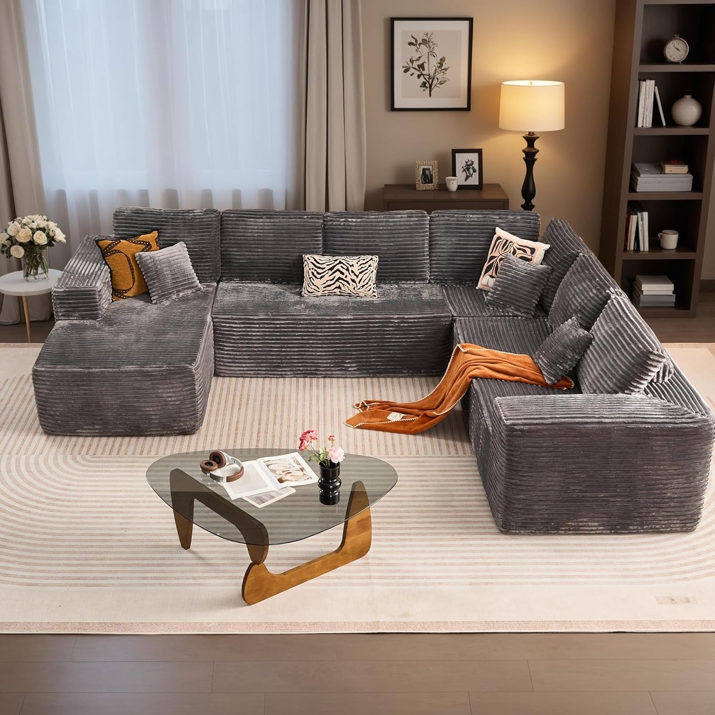 HOOOWOOO Cloud Sectional Couches for Living Room,Modular Sectional Sofa No Assembly,133X108 Inch Plush Corduroy Large U Shaped Floor Couch Set with Deep Seat Left Chaise(Gray)