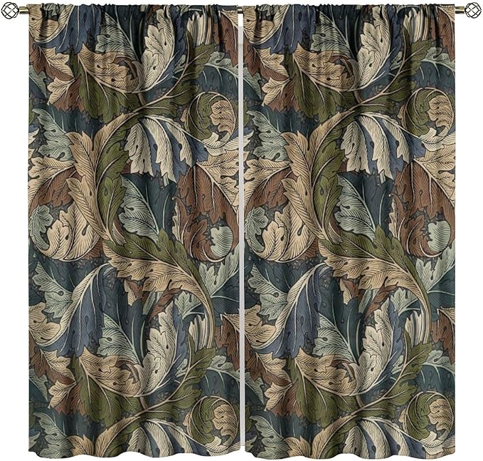 Boho William Morris Art Plant Curtains, Rustic Retro Nature Botanical Print Blackout Window Treatments Drapes, for Living Room Bedroom Kitchen 21(W)*45(L) 2 Panels