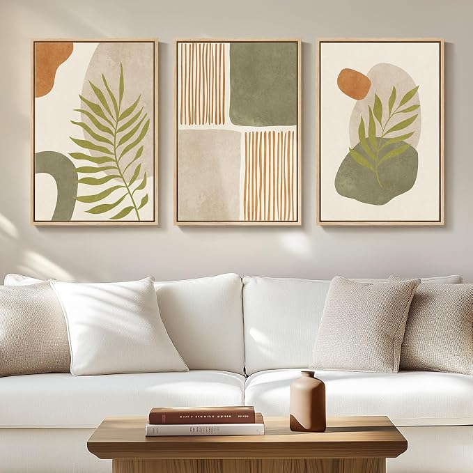 Framed Mid Century Modern Boho Wall Art Bedroom, 3 Piece Tropical Sage Green Paintings Prints Canvas Artwork for Walls, Large Modern Bohemian Pictures for Living Room Hallway Wall Decor, 16x24 Inch