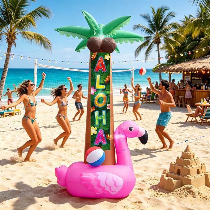 7FT Inflatable Pink Flamingo Palm Trees, Christmas in July Luau Beach Party Hawaiian Tropical Decors with Aloha Streamer, Pool Outdoor Decoration with Built-in LEDs for Summer Lawn Yard Beach