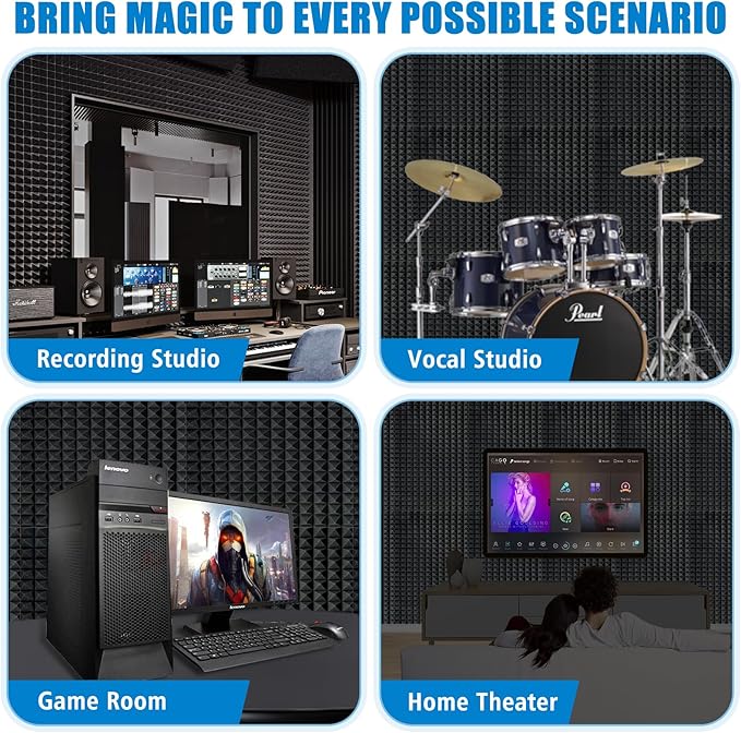 4 Pack Black Acoustic Foam Panels,48x24x2 Inch Sound Proof,High Density Soundproof Wall Panels,Fireproof Cancelling Foam Studio (Black, 4 PCS)