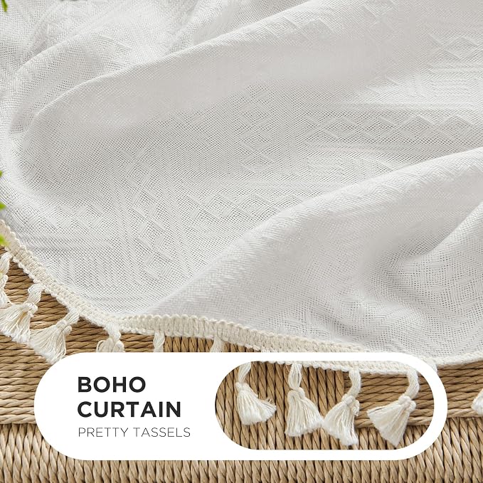 Joydeco White Boho Curtains 84 Inch Length 2 Panels, Super Soft Bohemian Farmhouse Curtains with Tassels, Semi Sheer Light Filtering Drapes for Bedroom Living Room (Rod Pocket, 52Wx84L)
