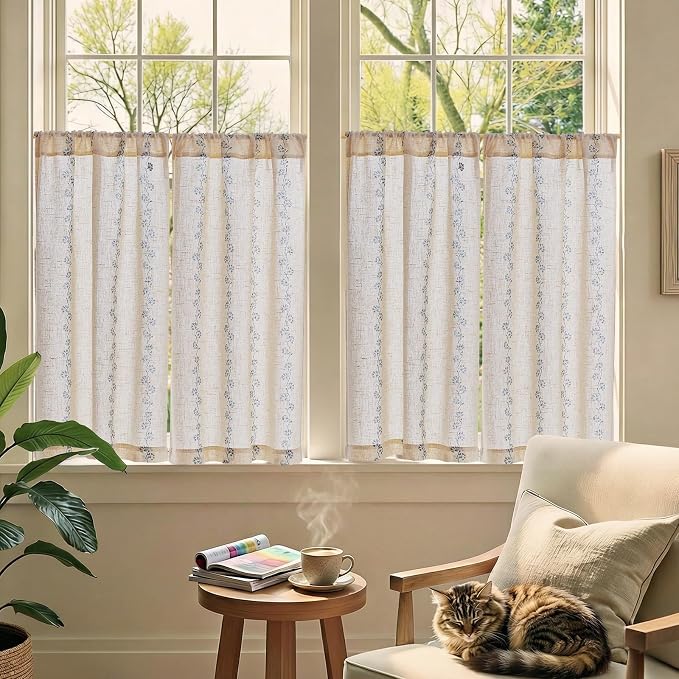jinchan Katy Linen Floral Kitchen Curtains 36 Inches Length Stripe Cafe Curtains Farmhouse Cottagecore Tier Small Window Drapes for Living Room Light Filtering Rod Pocket 2 Panels Blue on Linen