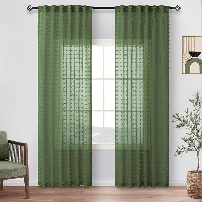 Olive Green Sheer Curtains 84 Inch Length for Bedroom Living Dining Room Country Farmhouse Pom Pom Design Window Treatments Drapes Boho Decor Christmas Green Voile Sheer Curtains 2 Panels Set Back Tab
