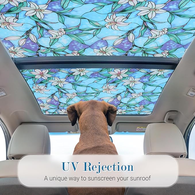 rabbitgoo Stained Glass Window Film, Anti UV Heat Blocking Privacy Film for Glass Window Door Covering, Static Cling Removable Decorative Privacy Sticker for Bathroom, Blue Lily, 23.6 x 157.4 Inches