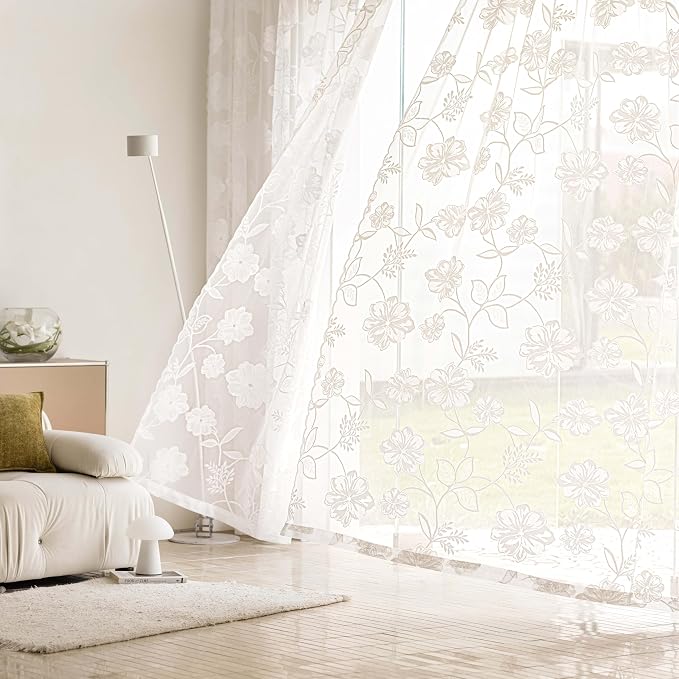White Lace Sheer Curtains for Living Room 84inch Vintage Rose Botanical Floral Leaf Lace Window Curtain Panel with Decorative Scalloped Edge for Bedroom 54"W 2pcs Rod Pocket 7ft floor length