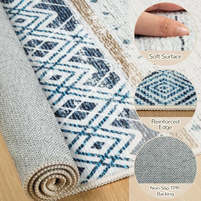 BESTSWEETIE 2x10 Area Rugs for Living Room Washable Moroccan Farmhouse Neutral Geometric Low Pile Non-Slip Soft Print Pattern Rug for Bedroom Kitchen Dining Room Entryway Blue/Brown
