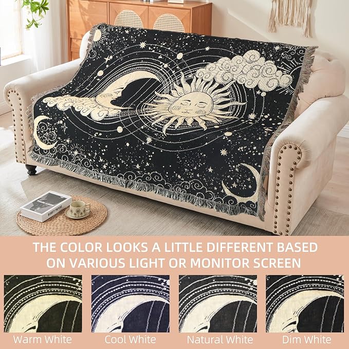 Boho Throw Blanket Reversible Cotton Bohemian Tapestry Hippie Room Decor Outdoor Blanket Double Sided (Sun Moon 50"x60")