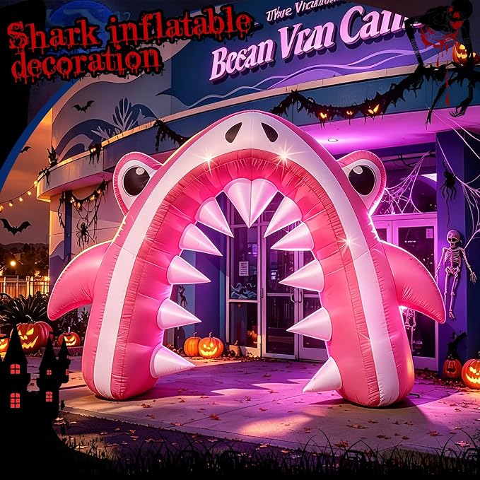13FT Halloween Pink Shark Inflatable Arch for Yard Lawn Decor | Giant Shark Blow Up with Built-in 6 LED Lights and 1 Blower for Indoor/Outdoor Halloween Shark Birthday Party Decoration