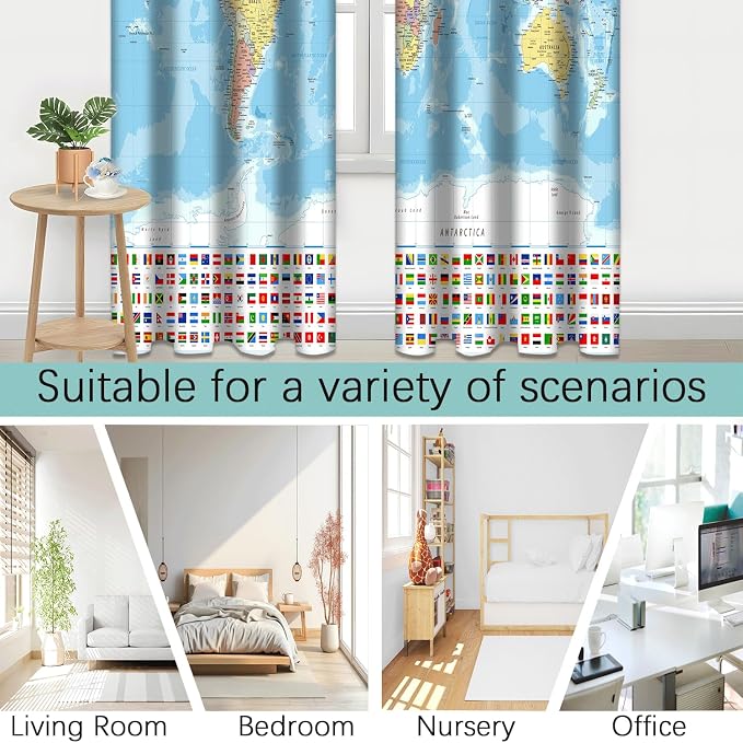iTapnoom World Map Blackout Curtain, Map of The World with National Educational Fabric Window Curtains, Thermal Insulated Window Drapes for Living Room Bedroom Decor 2 Panels 52 x84 Inches