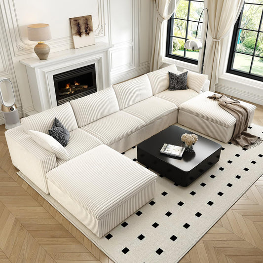 157.5" Cloud Couch Oversized Modular Sectional Sofa for Living Room,Modern Sofa with Deep Seat，U-Shape Boneless Couch with 2 Ottoman,Comfy Upholstered Couches for Apartment, Studio, Office,White