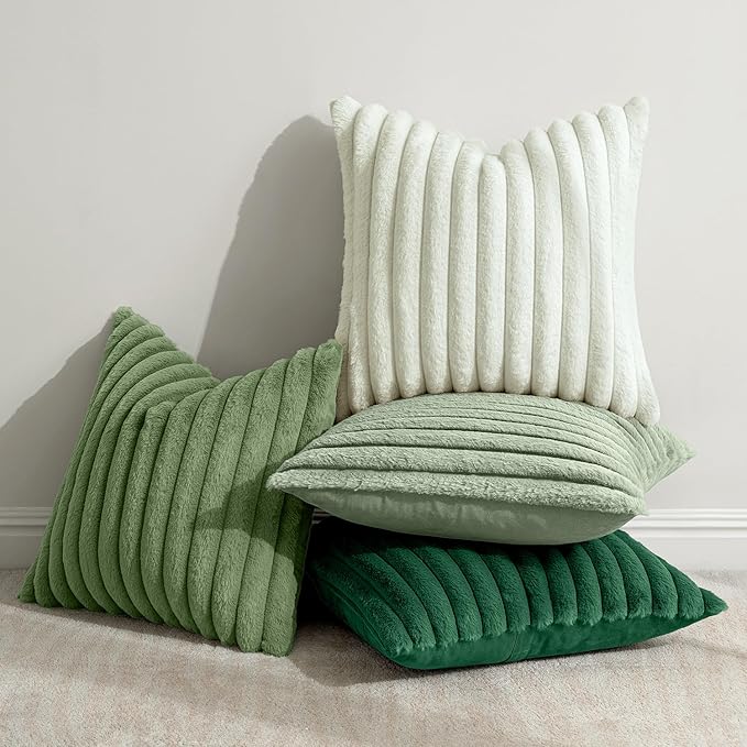 MIULEE Faux Fur Plush Decorative Throw Pillow Covers 18x18 Set of 4, Spring Modern Soft Fuzzy Striped Cushion Covers for Sofa Couch Bed Living Room Cozy Home Decor,Green