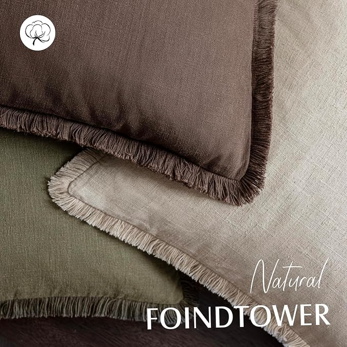 Foindtower Set of 2 Decorative Linen Fringe Throw Pillow Covers Boho Farmhouse Cushion Cover with Tassels Soft Accent Pillowcase for Couch Sofa Bed Living Room Home Decor,16×16 Inch,Reddish Brown