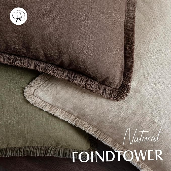 Foindtower Set of 2 Decorative Linen Fringe Throw Pillow Covers Boho Farmhouse Cushion Cover with Tassels Soft Accent Pillowcase for Couch Sofa Bed Living Room Home Decor,22×22 Inch,Reddish Brown