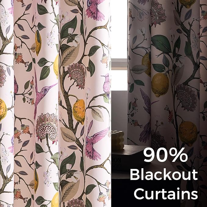 Topfinel Floral Curtains 84 Inch Length 2 Panels Set Pink Spring French Country Coquette Flower Hummingbird Blush Pink Blackout Curtains Preppy Nursery Girls Bedroom Aesthetic Living Dining Room