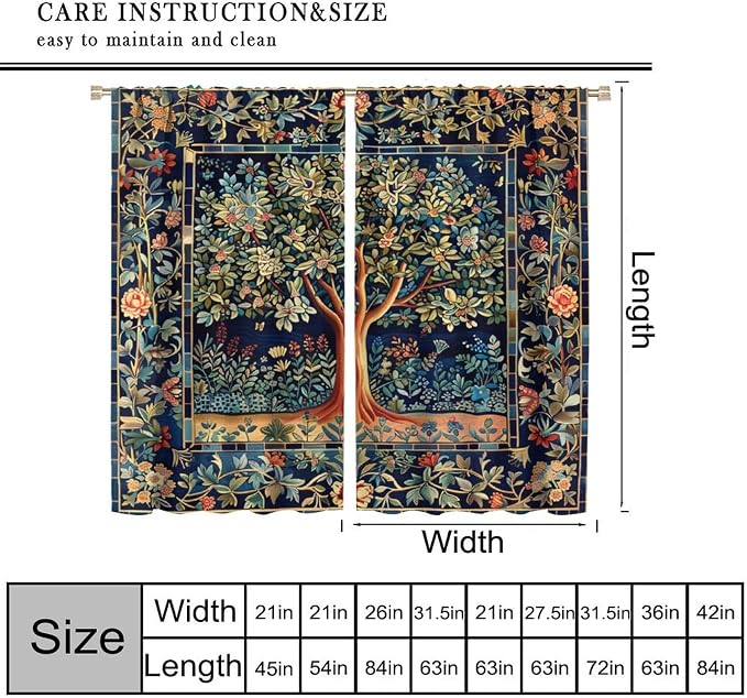 William Morris Flower Blackout Curtains, Rustic Colorful Forest Tree of Life Floral Window Drapes, for Bedroom Living Room 42" W X 45" L