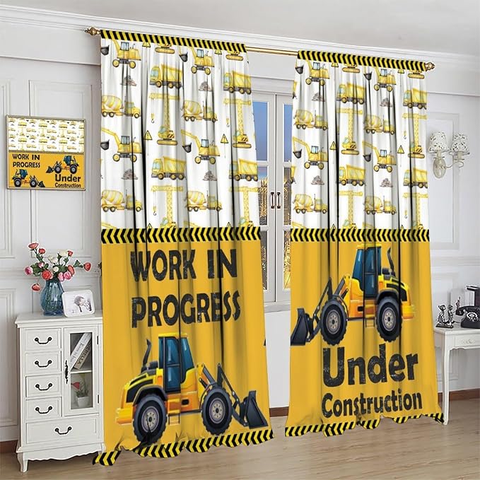 Cartoon Car Blackout Curtain,Boys Kids Construction Vehicles Truck Yellow Window Curtain for Dining Room Kitchen Bedroom Living Room Office Nursery Drapes,63x63 in