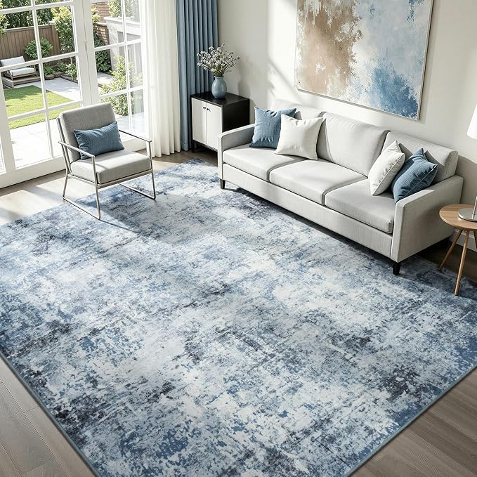 Rugflix 8x10 Area Rugs for Living Room, Washable Large Rug Stain-Resistant Low Pile, Modern Dark Carpet for Dining Room Home Office Kid Room Nursery Bedroom, Blue Grey/Black