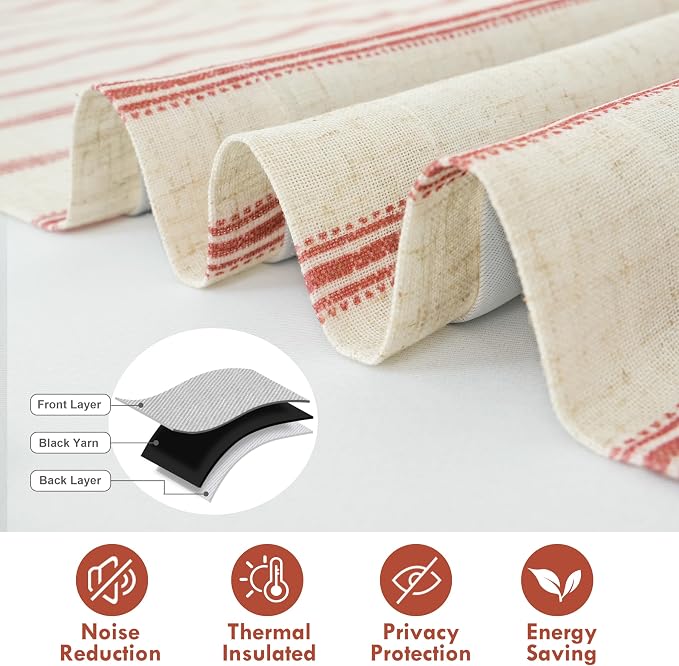 DriftAway Farmhouse Linen Lined Valance Double Layer Thermal Insulated Room Darkening Blackout Window Valances 3 Inch Rod Pocket Vertical Striped Kitchen Valance for Bathroom Single 52 x 24 Inch Red