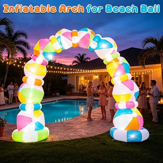 8 FT Inflatable Beach Ball Arch, Summer Inflatable Outdoor Decorations, Blow Up Beach Ball Archway with Built-in 8 LED Lights for Pool Beach Luau Party Yard Garden Photos Backdrop