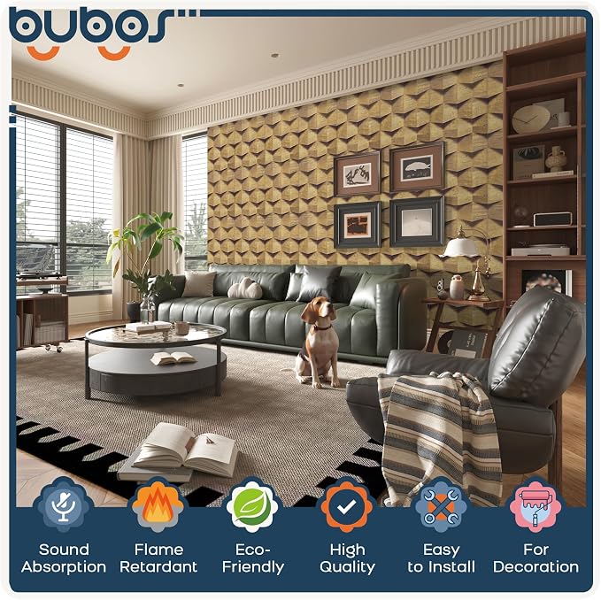 BUBOS 6 Pack Acoustic Wall Panels - High-Density Polyester Sound Absorbing Panels, Decorative Wood Print Treatment for Recording Studio & Home Office, Peel and Stick, 23.6" x 23.6"