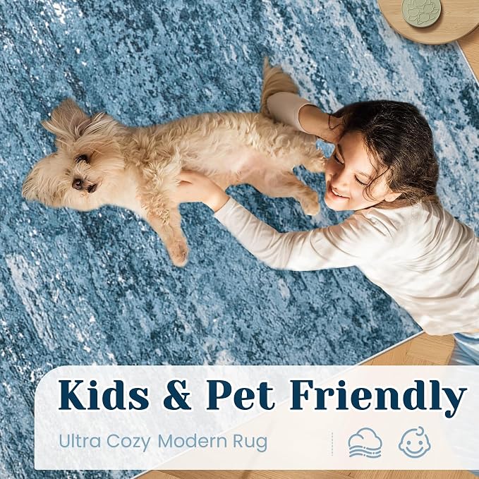 Washable Rug 6x9 Area Rugs for Living Room: Neutral Soft Rug Abstract Non Slip Low Pile Modern Carpet for Bedroom Kitchen Nursery Office Dining Room Indoor (Darkblue, 6'x9')