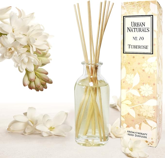 Urban Naturals Reed Diffuser Set, Tuberose - Bathroom Shelf Décor | Exotic Tuberose and Fragrant Orange Blossom, Floral Room Freshener with Reeds, Vegan. Made in The USA