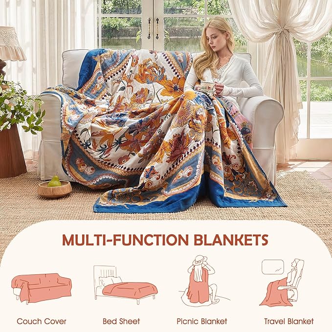 Boho Throw Blanket - 90"x90" 100% Cotton Ultra Soft Lightweight Blanket, 4-Layer Breathable Muslin Blankets for Bed Couch, Reversible Yellow Floral Printed Bohemian Cotton Quilt