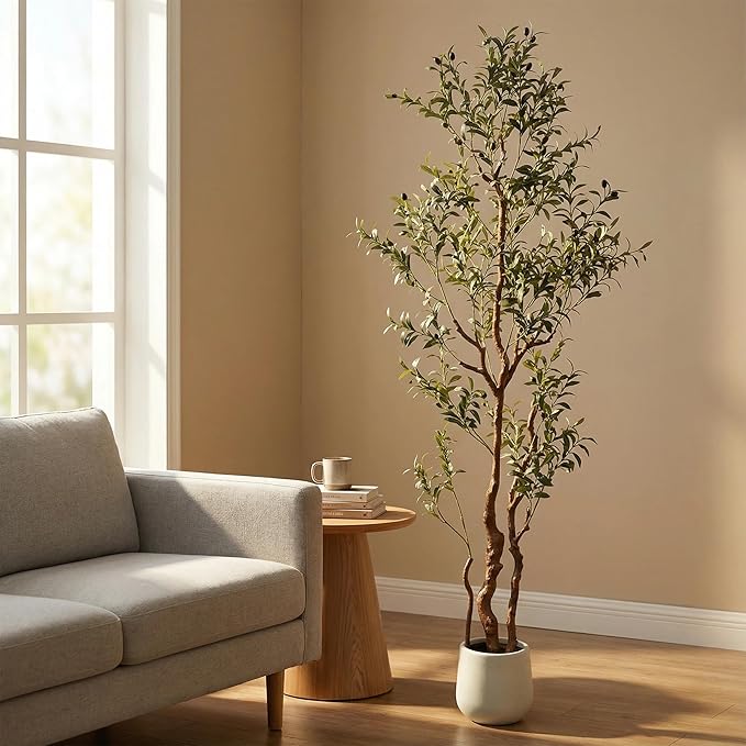 6FT Artificial Olive Tree with White Planter,Silk Fake Plants with Three Thick Trunk and Lifelike Fruits,Indoor Outdoor Fake Large Tree for Home Office Living Room Decor