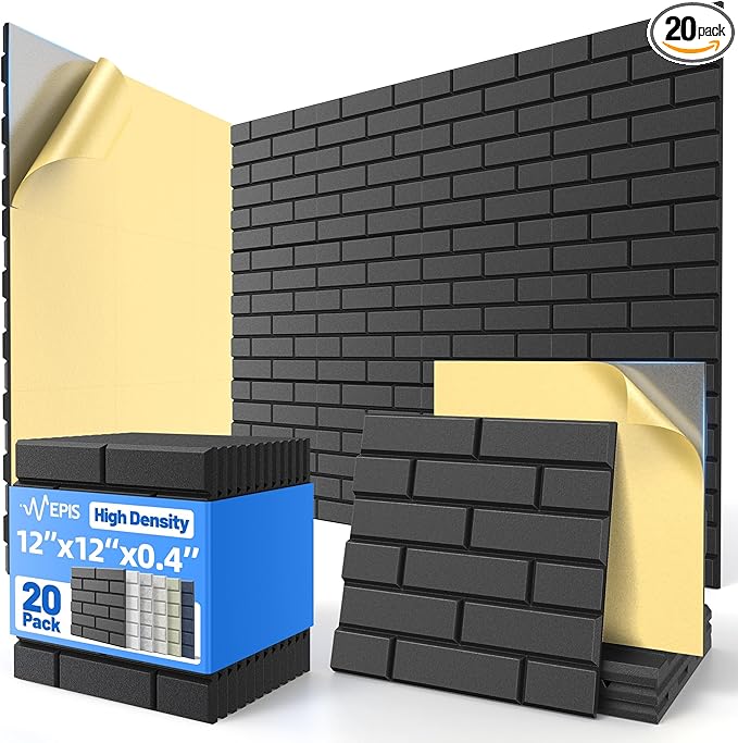 Nepis 20 Pack Acoustic Panels with Self Adhesive, 12"X12"X0.4" High Density Sound Proof Foam Panels for Walls, Soundproof Wall Panels, Brick Sound Absorbing Panels for Home Studio Office Decor-Black