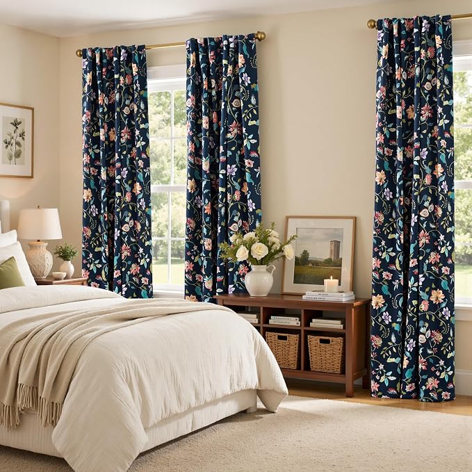 jinchan Hattie Dark Blue Floral Blackout Curtains 96 Inch Length – Room Darkening Drapes for Bedroom, Home Office & Study, Elegant Vintage Floral, Cozy Light Blocking, Set of 2 Panels Back Tab