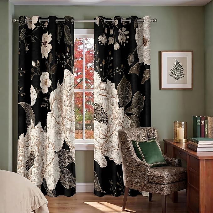 Black and Gold Blackout Curtain, Boho Floral Aesthetic Art Curtains, Dark Vintage Flowers Grommet Drapes 2 Panels, Farmhouse Bedroom Living Room Decor 52X84 Inch