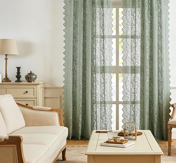Bujasso Sage Green Lace Sheer Curtains for Bedroom Small Window Boho Vintage Floral Embroidered Drapes with Scalloped Edge,Light Filtering&Privacy,Rod Pocket 2 Panels 52Wx54L Inches