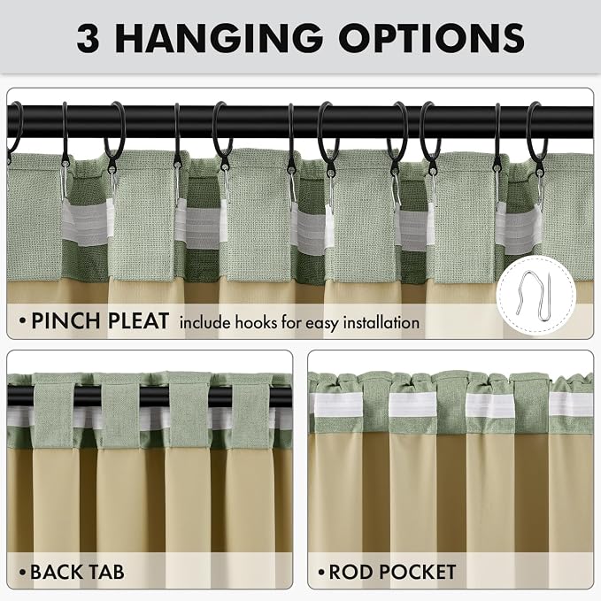 MIULEE 100% Blackout Linen Curtains for Bedroom, Sage Green Solid Luxury Decor Thermal Insulation Room Darkening Drapes for Living Room Back Tab Rod Pocket 42 x 63 Inches, 2 Panels