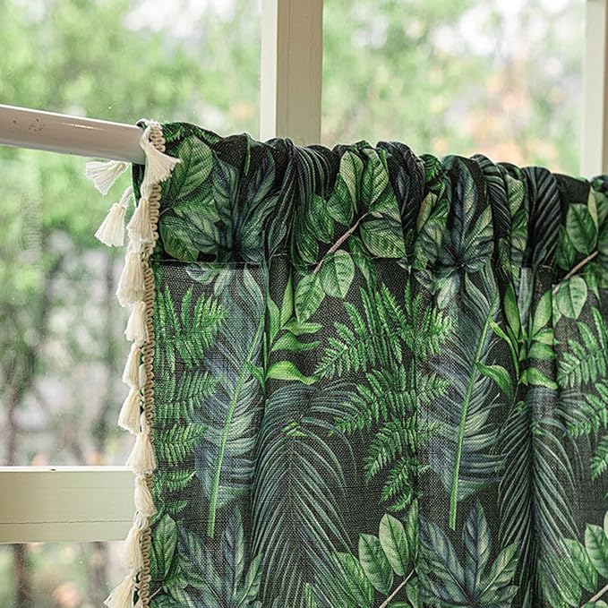 Deeprove Boho Valance Kitchen Window Curtain Over Sink Tropical Botanical Leaves Print 18 Inch with Fringes Natural Rainforest Plant Small Short for Summer Decor Cafe Privacy 1 Panel 52W x 18L