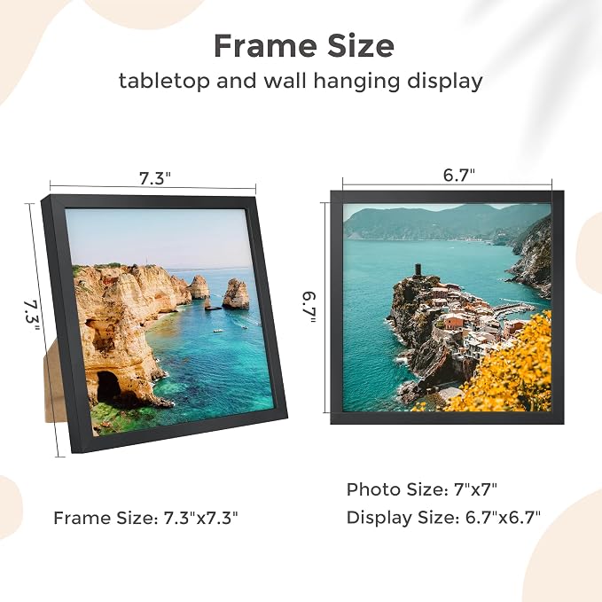 FLYJOE 7x7 Metal Picture Frame - Black Aluminum Square Frames with Real Glass, Wall Mounting Horizontally or Vertically, Simple and Elegant Decor for Wall Gallery Poster Photo Frames, Black