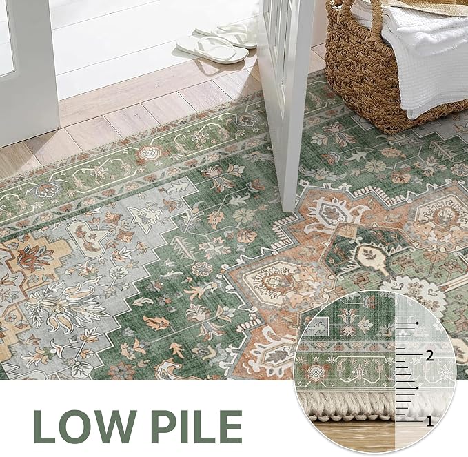GENIMO 2x5 Runner Rugs for Hallway, Machine Washable Non Slip Vintage Rugs, Low Pile Lightweight Soft Print Rug for enrtyway, Corridor, Home Office, Kitchen, Sage Green