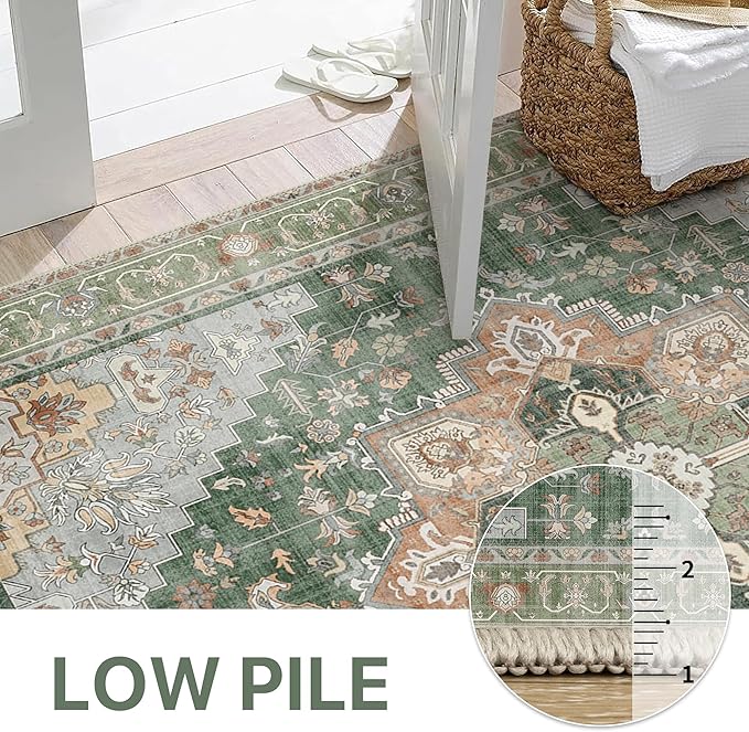 GENIMO 2x10 Runner Rugs for Hallway, Machine Washable Non Slip Vintage Rugs, Low Pile Lightweight Soft Print Rug for enrtyway, Corridor, Home Office, Kitchen,Sage Green