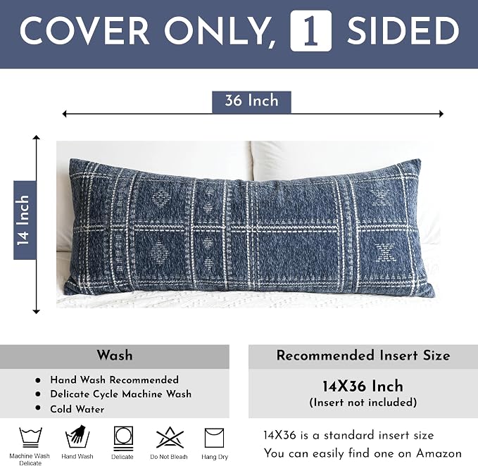 BlissBlush Decorative Lumbar Pillow Cover 14x36, Long Decorative Throw Pillow for Bed, Blue Boho Textured Chenille Accent Pillowcase for Bedroom Home Décor (Cover Only)