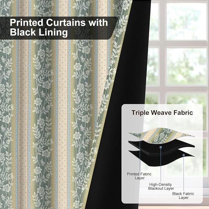 Boho Floral Blackout Curtains with Rope Tassels Curtain Tiebacks, Blackout Curtains for Living Room and Bedroom 84 Inch Long 2 Panels Set, Thermal Insulated Room Darkening Farmhouse Drapes, 52Wx84L