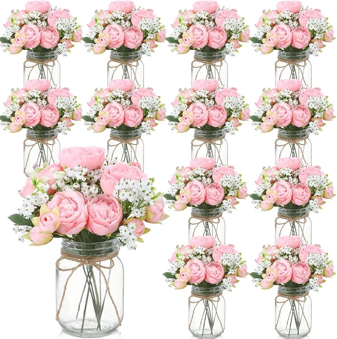 Zeyune 12 Sets Mason Jar Centerpiece Table Decorations, Artificial Peony Baby's Breath Flower Bouquets, Faux Flowers with Vase, Rustic Decor Gifts for Home, Wedding, Holiday (Light Pink)