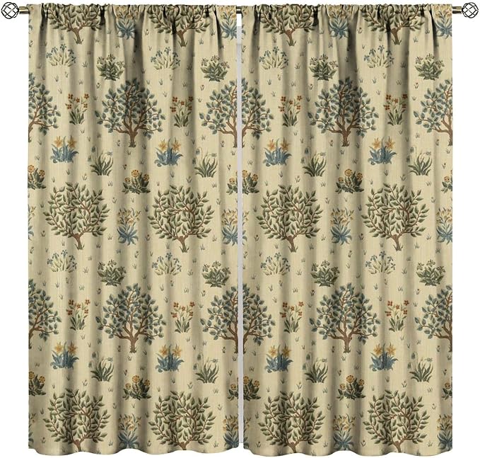 Rustic William Morris Curtains, Watercolor Vintage Flower Tree Plant Art Style Blackout Window Treatments Drapes, for Living Room Bedroom Kitchen 42(W)*84(L) 2 Panels