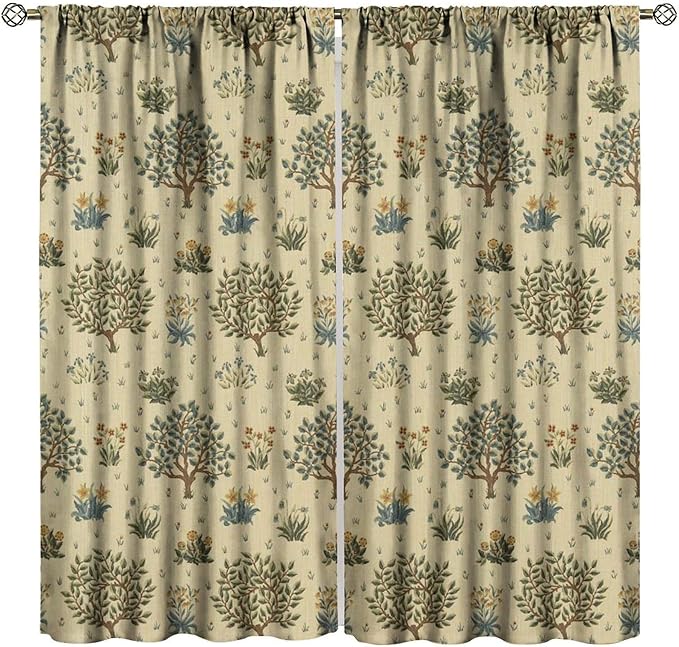 Rustic William Morris Curtains, Watercolor Vintage Flower Tree Plant Art Style Blackout Window Treatments Drapes, for Living Room Bedroom Kitchen 21(W)*54(L) 2 Panels