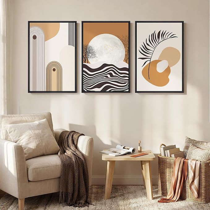 Framed Boho Mid Century Modern Wall Art for Living Room, 3 Piece Large Abstract Canvas Prints Paintings, Orange Earth Tones Moon Botanical Artwork Decor for Bedroom Hallway 16x24 Inch